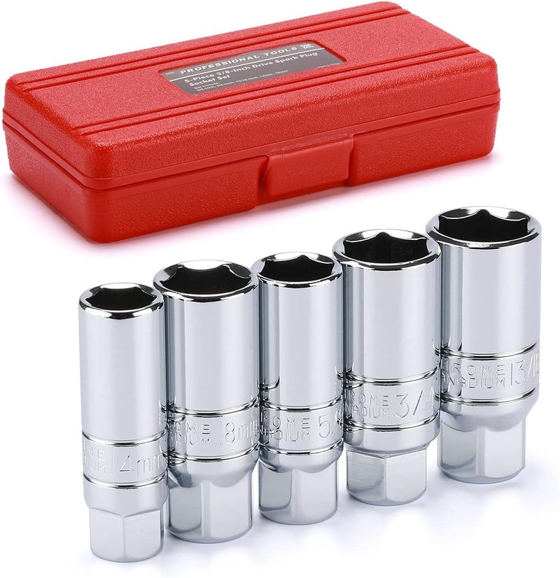 EMENTOL 5PCS 3/8" Drive Spark Plug Socket Set, CR-V, SAE and Metric, 3/8" Drive 6-Point Socket Set - Image 1
